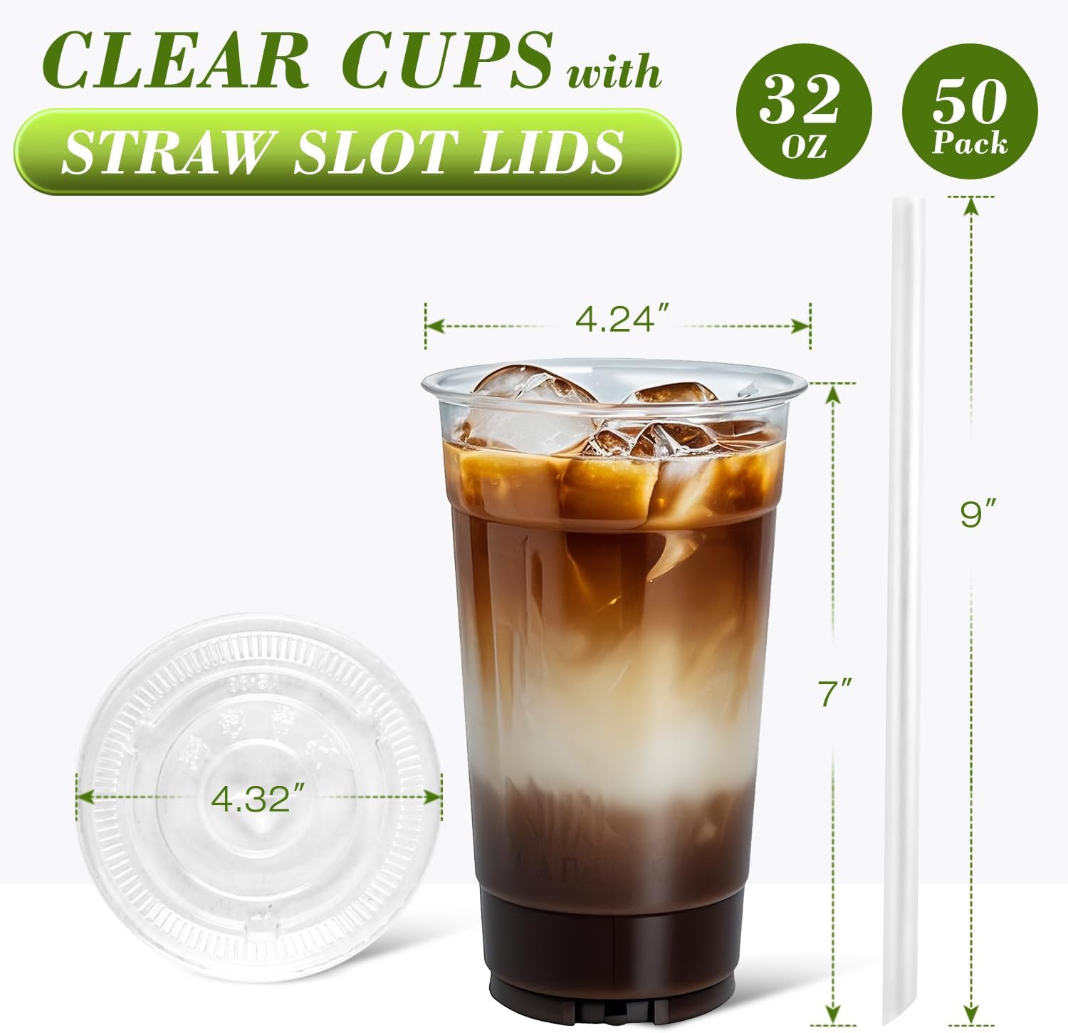 50 Pack 24 oz Clear Plastic Cups with Lids and Straws, Disposable PET Cups for Iced Coffee, Smoothie, Boba Tea, Leak-proof & BPA Free