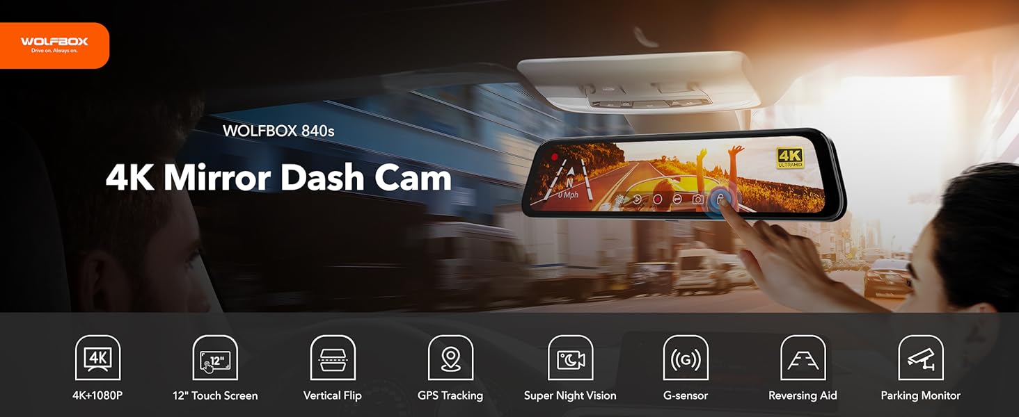 WOLFBOX G840S 12" 4K Mirror Dash Cam with GPS & 32GB Card, 2160P Full HD Smart Rearview Mirror for Cars Trucks, Dual Cameras, Night Vision, Parking Assistance - Automotive Driving Recorder TikTokShopHolidayHaul
