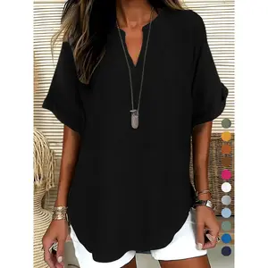 Women's Plain Short Sleeve Blouse, Shirts, Casual Solid Color Top for Daily Wear, Ladies Clothes for All Seasons