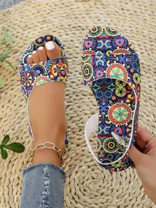 Exotic Boho Chic Sandals, Ethnic Print Flip Flops, Comfortable Summer Footwear, Trendy Open-Toe Slippers, Perfect for Beach & Poolside