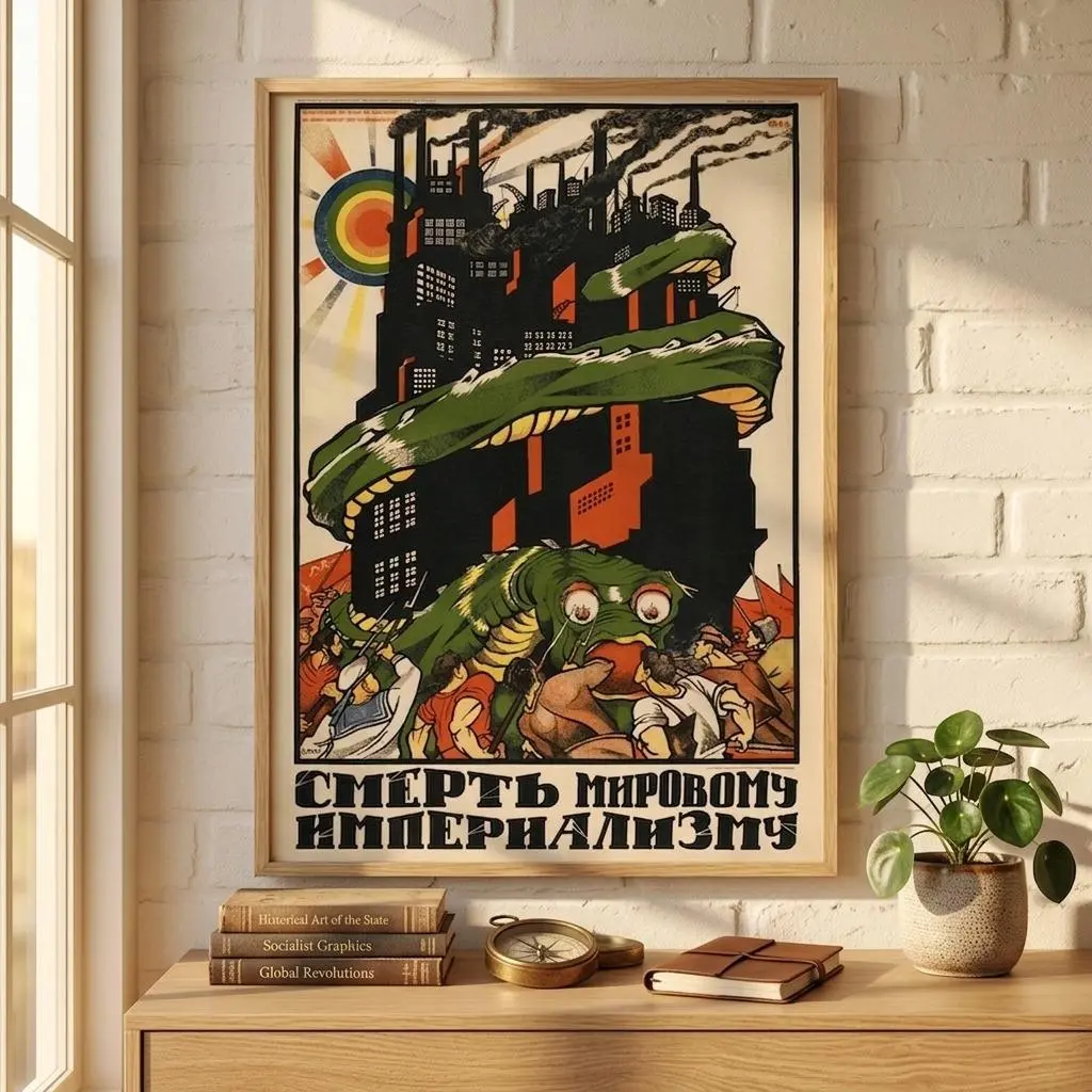 Russian Communist Vintage Propaganda Poster, Retro War Art Print, Soviet Political Wall Decor, USSR Revolution Artwork, Historic Socialist Graphic Poster, Cold War Wall Art, Framed Style Vintage History Gift