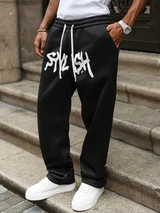 Men’s off-white wide-leg casual sweatpants featuring a drawstring and graffiti letter print in contrasting colors; urban relaxed style with soft knit fabric that drapes comfortably. Loose wide-leg fit that flatters the legs, suitable for everyday commutin
