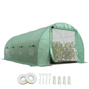 19' x 10' x 7' Walk-in Tunnel Greenhouse – Green. 140 GSM PE Cover (85% Light). Heavy-Duty Galvanized Steel Frame + 4 Slat Bracing Tubes. Large Zippered Mesh Door + 8 Mesh Windows