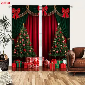 2D Flat Christmas Decor Curtain 2-Piece Set Red Curtain with Green Drape Golden Tassels 3 Large Red Bows for Festive Holiday Party Home Decor, Flanked by Decorated Trees & Wrapped Gifts Backdrop (Not Include Trees/Gifts)