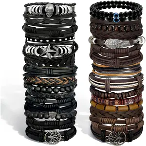 31Pcs Braided Leather Bracelets for Men Women Punk Wrap Wood Beads Bracelets Adjustable Hemp Cords Ethnic Tribal Handmade Wrap Wristband Punk Gothic Evil Eye Skull Skeleton Bracelet