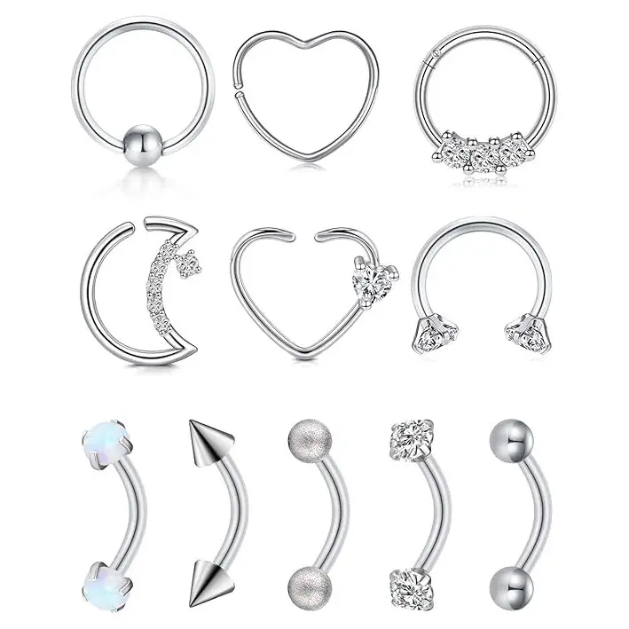 Women's 16G Hypoallergenic Stainless Steel Heart-Moon Curved Barbell Body Jewelry, Daily Wear Rook Daith Eyebrow Surface Tragus Small Belly Lip Piercing Accessories, Stainless Steel Jewelry, Hypoallergic, Eyebrow Ring, Anti-Allergy, Curved Bars, Nickel-Fr