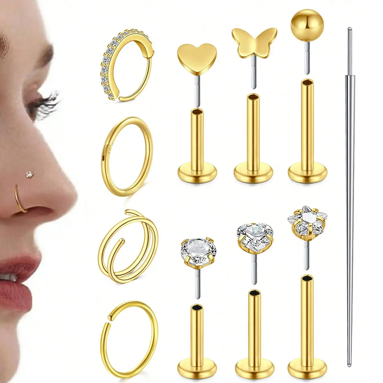 20G 18G 16G Flat Back Stud Applicator + Insertion Tool for Nose Studs Cartilage Earrings Labret Piercing Gold Plated Stainless Steel 6mm 8mm 10mm