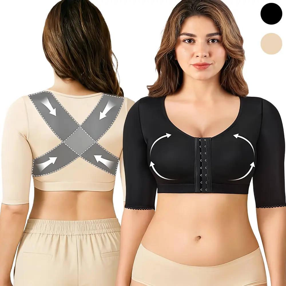 Women's Nylon Compression Arm Shaper, 3/4 Sleeve Post-Surgery Top with Front Hook Closure and Bra Support, Check
