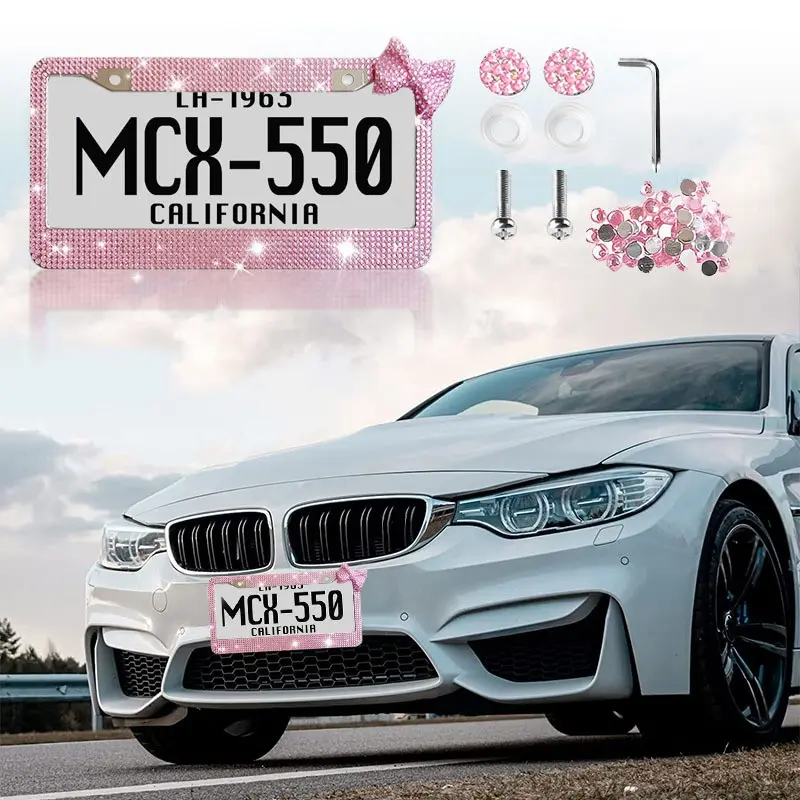 Bow Rhinestone US License Plate Frame, Flashing Car Number Plate Holder, Automotive Car Accessories for USA, Canada & Mexico, Holiday Decoration, New Car & Birthday Gift