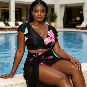 3-Piece Plus Size Floral Ruffle Sleeve Bikini Set with Mesh Wrap Cover-Up - Black & Pink Swimsuit for Poolside & Resort Days