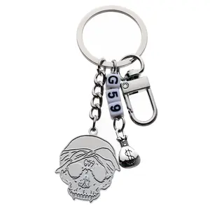Stainless Steel Skull Keychain with Beads & Money Bag Charm – Gothic Hip Hop Accessory
