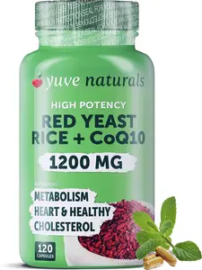 Yuve Natural Red Yeast Rice with CoQ10 1200 mg Capsules - Supports Metabolism, Heart & Healthy Cholesterol Levels - 120 Capsules for Women & Men