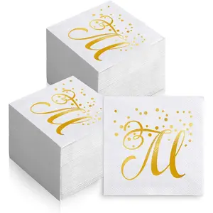 200 Pack Disposable Monogrammed  Napkins  Foil Letter M Paper Napkins Initial Beverage Napkin for Wedding Birthday Party  Shower Holiday Dinnerware Table Decor