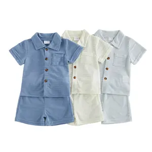 Toddler Baby Little Boy Summer Outfit Short Sleeve Lapel Neck Solid Color Button Down Textured Tops and Shorts 6M-3T