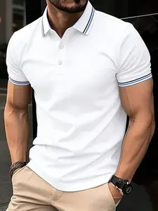 Men's Casual Polo Shirt, Slim Fit Short Sleeve Design, Pure Color Muscle Tee, H-Type Silhouette, Long Clothing Length