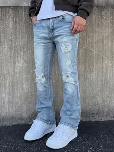 Men's Light Blue Washed Ripped Jeans, Elastic Micro Flare, Mid Waist, Button Fly, Fashionable All-Season Streetwear, Trendy Denim Jeans