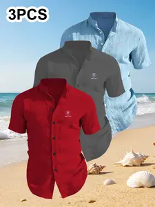 3-Pack Men's Summer Short Sleeve Casual Shirts, Chest Print Design, Lightweight Breathable Solid Stand Collar Button Shirt, Ideal for Beach Poolwear