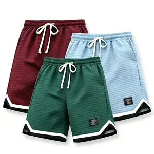 Men’s Plus Size Loose Fit Waffle Knitted Shorts (3-Pack), Adjustable Elastic Drawstring Waistband, Breathable Soft Fabric, Solid Color Versatile Design, Gray Summer Casual Menswear