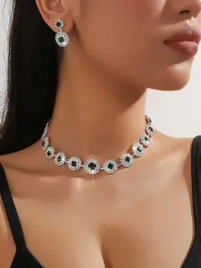 3-piece bridal jewelry set, fashionable, elegant, luxurious, wedding party women's accessories, geometric circular rhinestone necklace, earring set, accessories