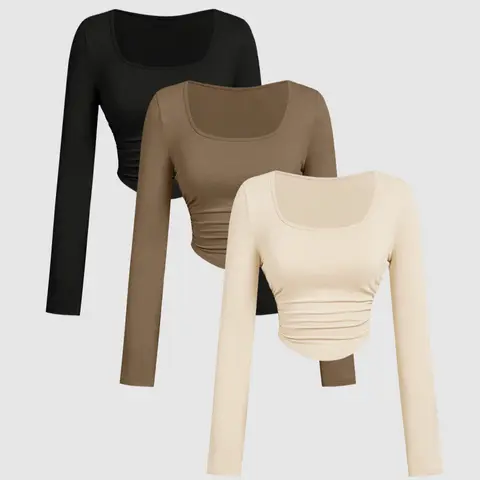 Women's 3-Piece Solid-Color Minimalist Ruched Fitted Long Sleeve Knit Fabric T-Shirt Set for Fall & Winter, Versatile Layering Tops, Knitwear