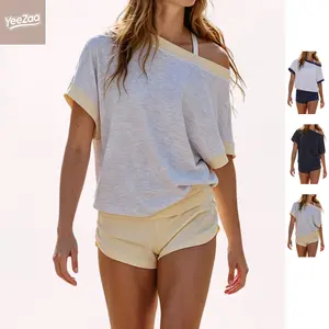 YeeZaa 2 Piece Short Sets Dolman Sets Colorblock Off Shoulder Top Fold Over Shorts Set Summer Lounge Two Piece Outfits Relaxed Oversized Tee (95% cotton, 5% spandex) Stretch Low‑Rise Fitted Mini Shorts 2026 SummerVibes