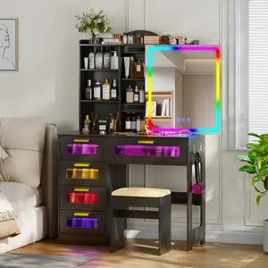 Vanity Desk with Sliding Mirror and LED Lights,RGB Vanitys with Charging Station, Makeup Vanitys with Remote Control, White Dresser with Stool/Lager Drawers for Bedroom