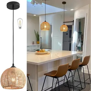 Mini Hemp Rope Woven Pendant Light Woven Light Fixture Boho Chandelier Light Fixture Wicker Pendant Light Rattan Light Pendant Dome Wicker Chandelier for Bedroom Kitchen Island(Bulb Incl.)