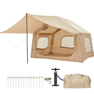 Inflatable Camping Tent for 2-6 Person, Quick Setup Blow Up Tent with Hand Pump, Waterproof 4 Season Air Glamping Tent with Skylight, Mesh Windows & Stove Jack, for Camping, Beach, Outdoor