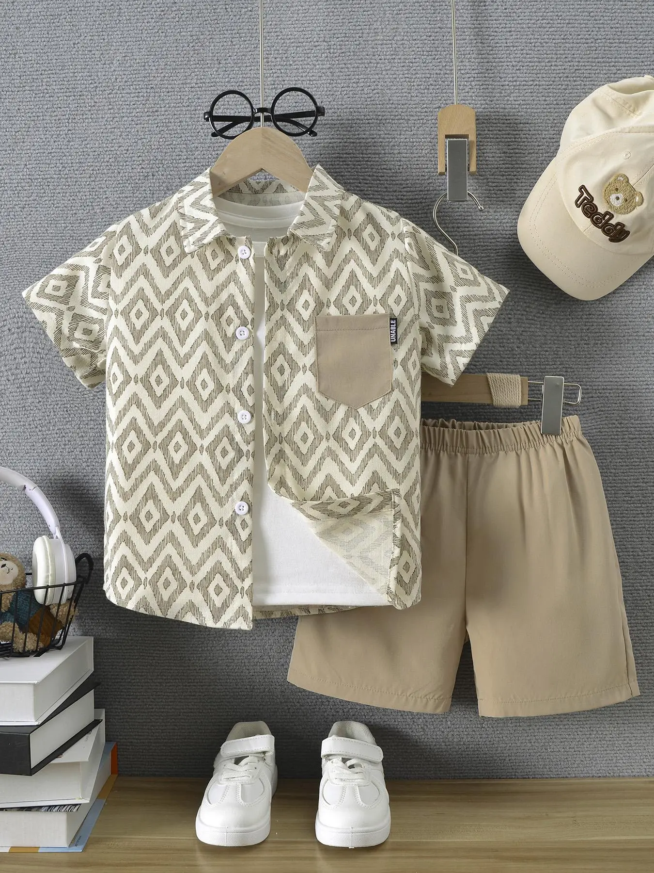 Two-Piece Set Boy's All Over Print Button Front Pocket Shirt & Plain Elastic Waist Shorts, Casual Short Sleeve Collared Top & Shorts, Summer Clothes f