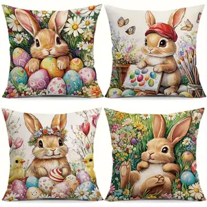 4pcs Easter Cute Bunny Themed Pillowcases: Features bunny hugging colorful eggs, bunny in red cap holding egg palette, bunny with flower wreath. Easter-themed, Festival, fits home decor, brings festive vibe