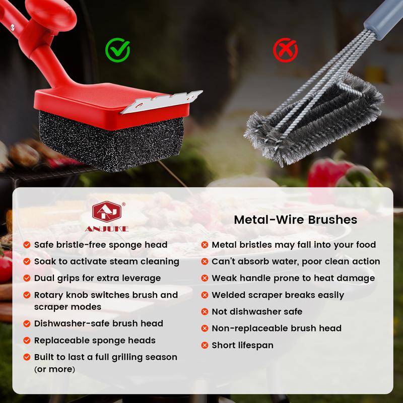 Anjure 4-in-1 Bristle-Free Grill Brush 18.8" Steam Grill Cleaner with Scraper & Bottle Opener Long Non-Slip Heat-Resistant Handle for Efficient Cleaning