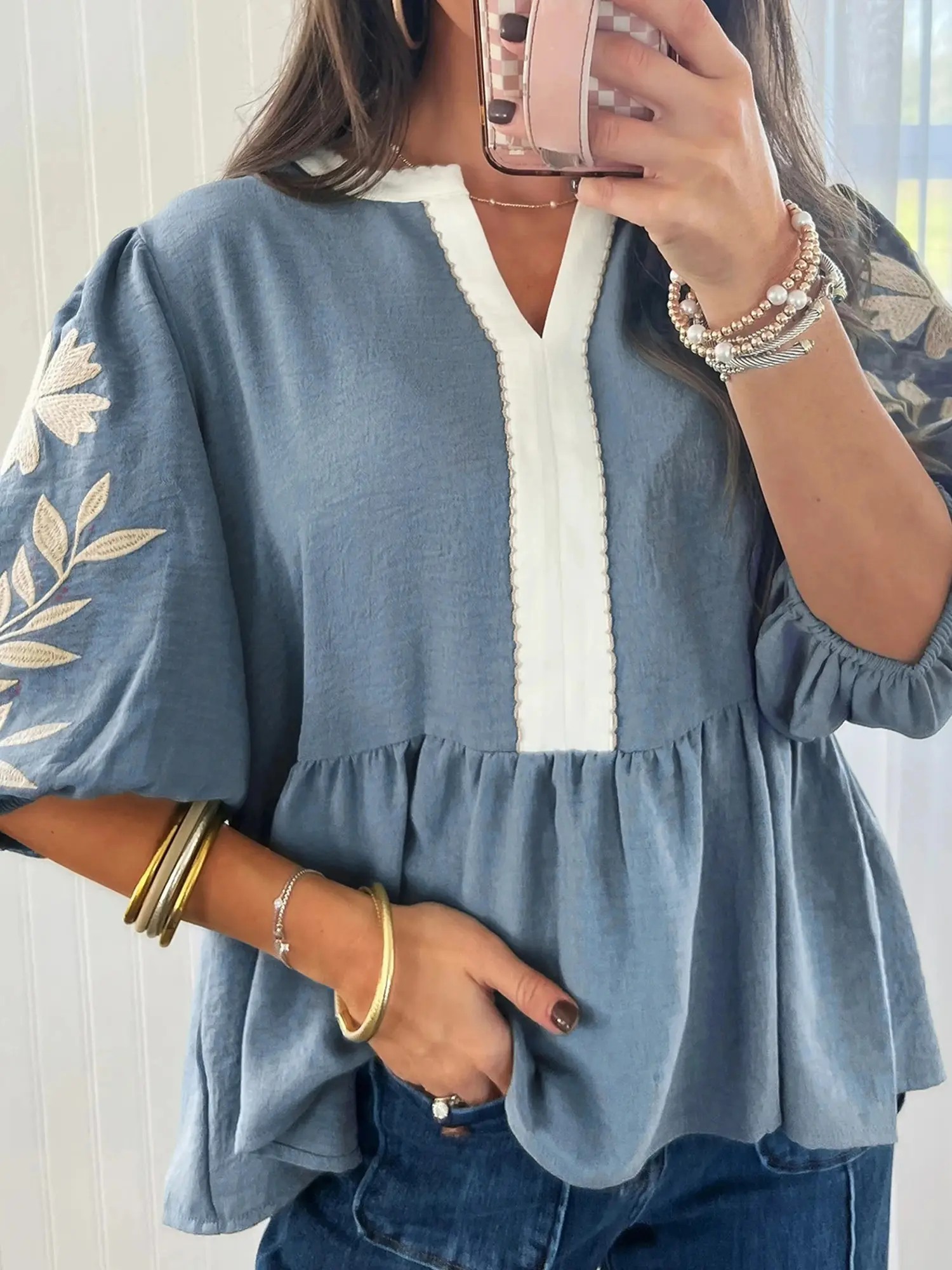 Women's Chic Embroidered Balloon Bubble Puff Half-Sleeve Colorblock Patchwork V-Neck Doll Blouse - Summer Casual Lightweight Medium-Length Polyester Top, Machine-Washable, Pairable with Shorts/Jeans, Wardrobe Essential