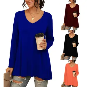 Women's V Neck Long Sleeve Flared Shirt Casual Loose Fit Flowy Tunic Tops latinatops Shirts Womenswear outfit girls Blouse Bottom summer outfit basic tops summer outfits women classy tops