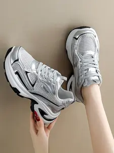 Women's Silver Color Chunky Dad Sneakers, Breathable Mesh Lace-Up, Low Top Casual Footwear, All Seasons Streetwear & Daily Style