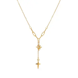 Minimalist clavicle chain with diamond-encrusted eight-pointed star necklace, tassel cross pendant, star-shaped stainless steel necklace trendy charm