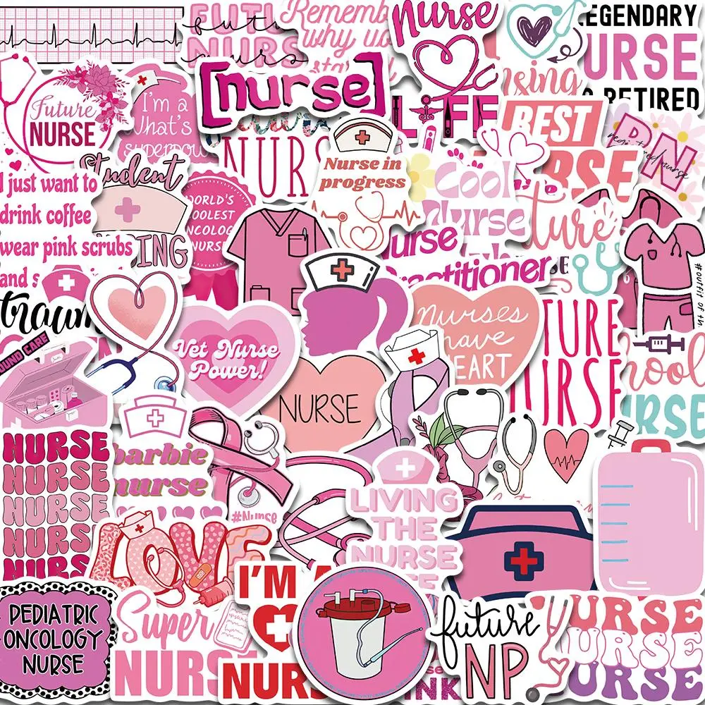 Nurse Themed Stickers, 50pcs Cute Cartoon Pattern Decorative Decals, Waterproof Self Adhesive Decor Paper for Gift Greeting Card Water Bottle Phone, Ornaments