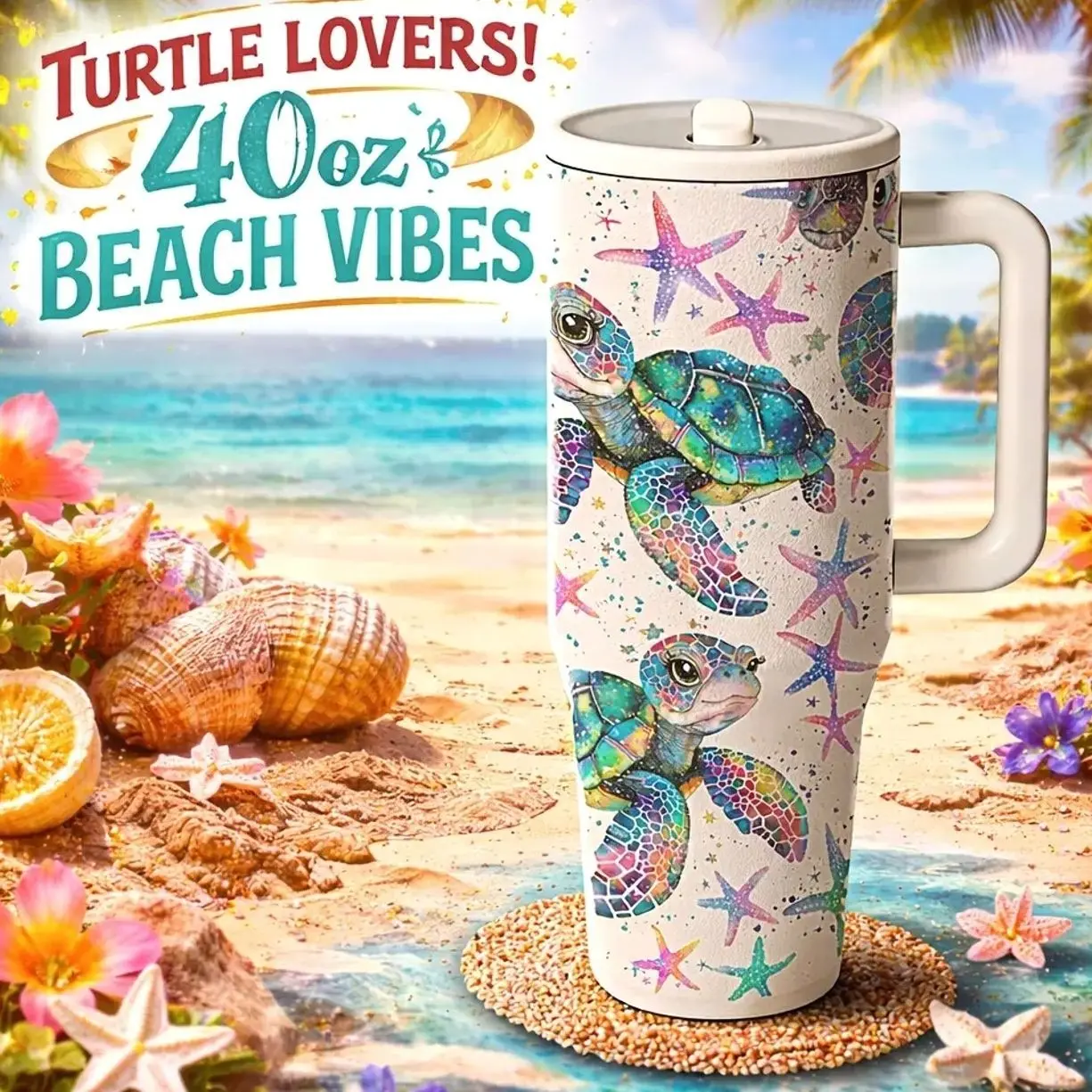 AuraCup 40oz Insulated Tumbler with Handle, Stainless Steel Vacuum Travel Mug, Insulated Flask, Sea Turtle Ocean Print, Large Capacity for Hot & Cold Drinks, Coffee Mug for Car Office Outdoor Use, with Lid and Straw, Drinkware