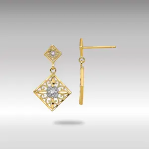 14K Gold Diamond Cut Square Filigree Dangle Earrings - Model TE934