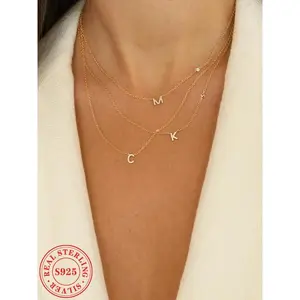 S925 Sterling Silver Letter Charm Gold Plated Necklace for Women & Girls Trendy Exquisite Jewelry for Party Daily Decor Ideal Birthday Gift