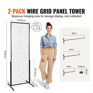67x24 in Grid Wall Panels Tower, 2 Packs Wire Gridwall Display Racks with T-Base Floorstanding, Double Side Gridwall Panels for Art Craft Shows, Retail Display with Extra Clips and Hooks