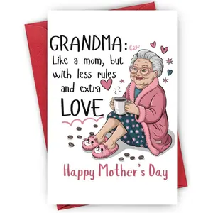 Grandma Mother's Day Card, Cute Grandma Illustration with Hearts & Coffee Elements Greeting Card with Envelope, Happy Mother's Day Gift