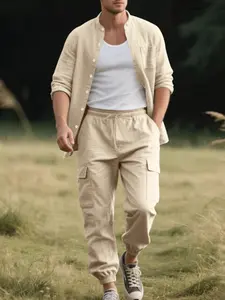 Men's Loose Fit Linen Blouse and Pants Set, Casual Long Sleeve Shirt with Stand Collar, Plain Pattern, All Seasons Wear