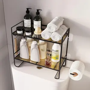 Bathroom Organizer Over The Toilet Storage Cabinet  for The Wall, Space-Saving, Black Bathroom Organizer for The Wall, Space-Saving, Black2-Tier Bathroom Storage Bathroom Shelves with 2 Hooks & Paper Rack, Bathroom Accessories Decor