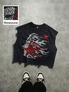 Men's Short Box Vest, Summer Vacation Basic, Rhinestone Craft, Star Face Pattern, Casual Streetwear, Relaxed Fit, Inner and Outer Wear, Holiday Gift