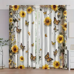 2 pieces, retro butterfly and sunflower printed curtains, rural wooden background, pole pocket style, semi sunshade polyester fiber, suitable for home living room, bedroom, balcony, kitchen, study and shower window decoration, easy to clean.