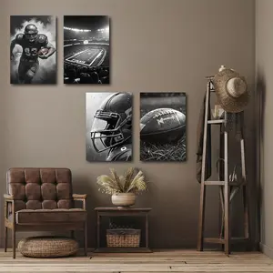 Black-White Documentary Football Wall Art 4 Scenes Set Style American Sports Immersive Theme Suitable for Fan Room Industrial Living Room Fits Documentary & Retro Use wall  art