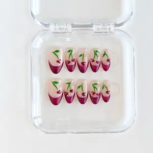Cherry Magic|10 PCS Short Almond Pure Handmade Press On Nails, Pink Purple Cherry Sweet Tender Press On Nails, Translucent Gradient Base, Hand-painted Cherry Decoration, Fresh Sweet Tender Color Matching, Daily Wear Nail Tips Set, Nail Extension Set