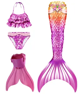 Girls 4-Piece Mermaid Tail Swimsuit Set with Monofin, Purple Pink Shiny Scale Ruffled Bikini Bathing Suit with Gem Decoration for Summer Pool Beach Swimming