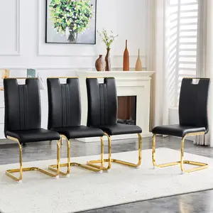 ARCH Modern Black and Gold PU Leather Dining Chairs with Cantilever Metal Frame, Set of 4 Contemporary Upholstered Side Chairs for Kitchen & Dining Room