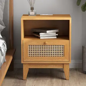 Topwin Modern Rattan Nightstand End Table Drawer Storage Space Natural Side Table Bedroom,Entryway,Hallway LED Bedside Furniture Interior Minimal
